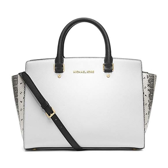 Michael Kors Handbags - Michael Kors Selma Large Satchel-White/Black/Snake
